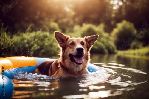 'vacation summer swims dog happy pool countryside inflatable swim water dacha country house bungalow rest heat animal swimming pet blue holiday cute smiling puppy adorable funny playing mammal active' photo