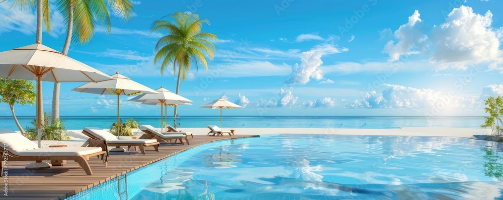 pool in tropical resort. pool in the tropical resort. Outdoor tourist landscape. Luxury beach resort with swimming pool, sun loungers and parasols, with palm trees and blue sky, sea horizon.