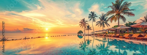 sunset over the river. pool in the tropical resort. Outdoor tourist landscape. Luxury beach resort with swimming pool, sun loungers and parasols, with palm trees and blue sky, sea horizon.