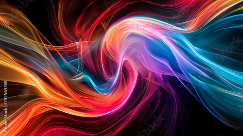 Digital dark background with blue, orange and pink waves. Colorful technology or science banner with dynamic wave on black background