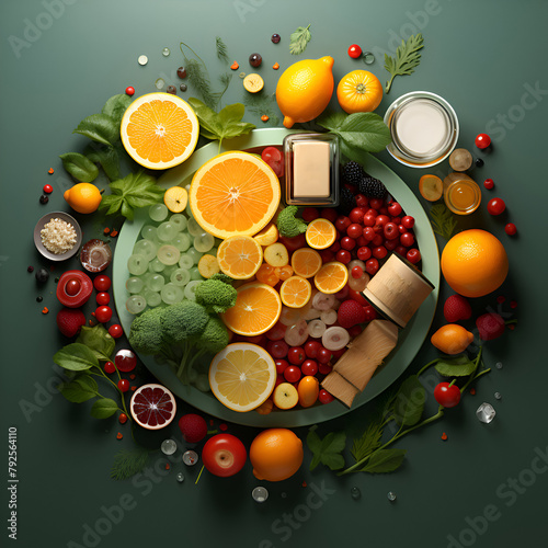 Healthy food concept with fruits and vegetables on green background. top view