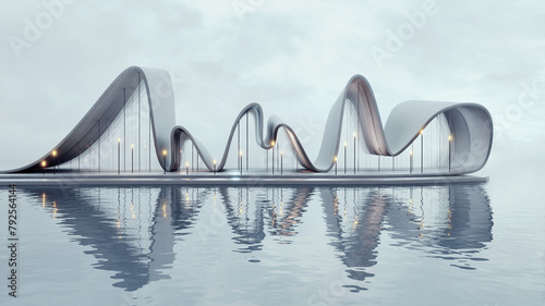 Futuristic wave-shaped building design. Modern architecture concept with reflection. 3D rendering.
