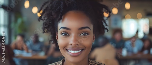 Young black woman smiling in office with people in background. Concept Portrait Photography, Office Environment, Diverse Team, Professional Headshot, Business Lifestyle