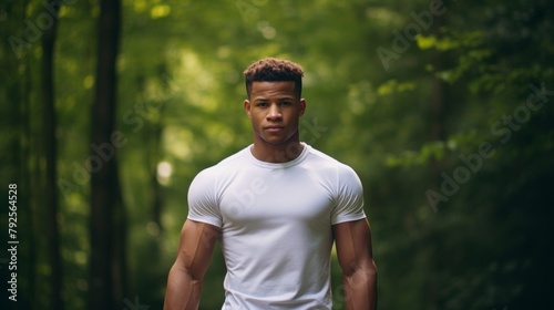 A fit African black guy runner in sportswear and a watch stands with his hands on his hips appearing serious and confident after a morning run in a forest. African man looked resolute