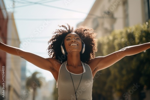 A fit young Hispanic woman extend arms in warrior stance to warm up before urban outdoor exercise to avoid injuries. Optimistic female athlete listening to music with headphones before training. photo