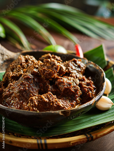 Rendang on wooden plate. Eid Mubarak food. Indonesian/Malaysian beef stew made with beef, spices and coconut milk.