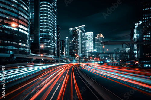 long exposure shot of the impact of smart traffic routing on urban mobility, set against a clean and minimalistic background to convey the simplicity and effectiveness of modern tr