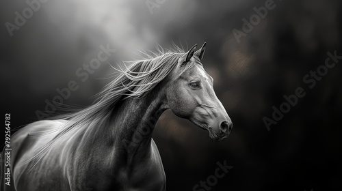 Breathtaking monochrome portrait of a horse with a majestic mane