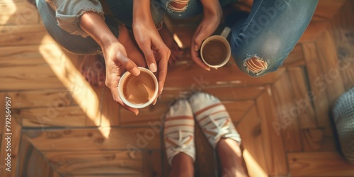 Above, buddies relaxing on a spa floor with cappuccino or espresso. Ladies with hot chocolate, lattes, or drinks in cups for peace, tranquility, connection, or hospitality photo