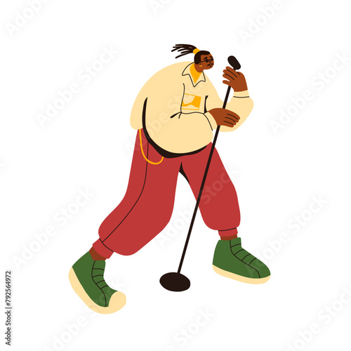 Professional singer performs with jazz concert. Pop artist holds microphone stand. Musician on music performance. Performer sings song with mic. Flat isolated vector illustration on white background