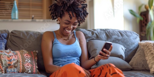 Beautiful mixed-race woman using cellphone in living room. Happy Hispanic uses technology to network on lounge floor alone. Joking when browsing social media photo
