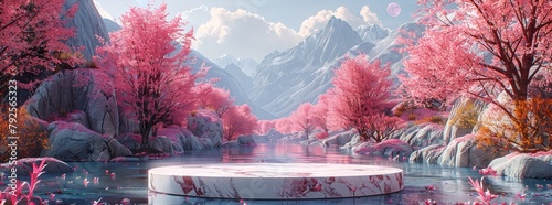 Surreal infrared landscape with vibrant pink trees and tranquil river photo