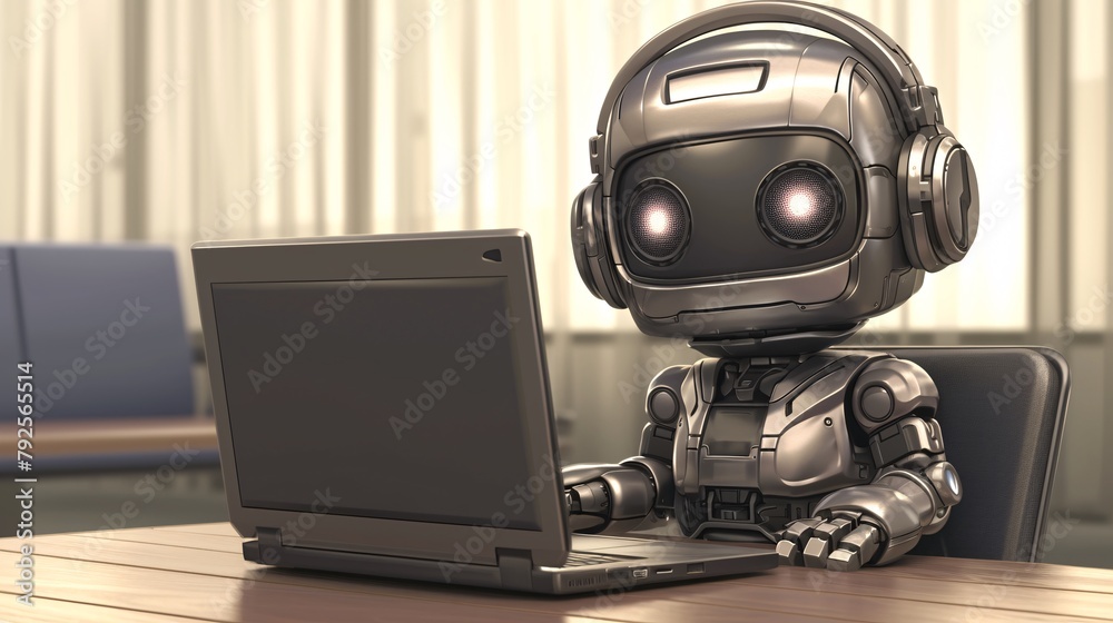 robot assistant works on laptop robot assistant works on laptop