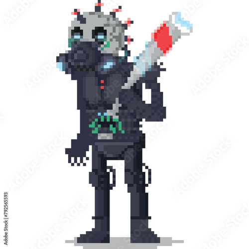 Pixel art cartoon cyberpunk bad ass skeleton character