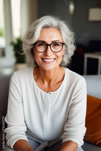 Woman with glasses smiling for the camera with white shirt.