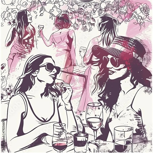 A group of women are drinking wine and talking in a garden. photo