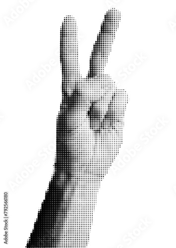 Halftone dotted male hand with two fingers up. Vector textured male arm for trendy y2k retro collage