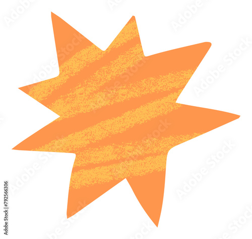 Abstract orange and yellow cut out star shape. Bright wow splash star collage element with hand drawn textured scribbles
