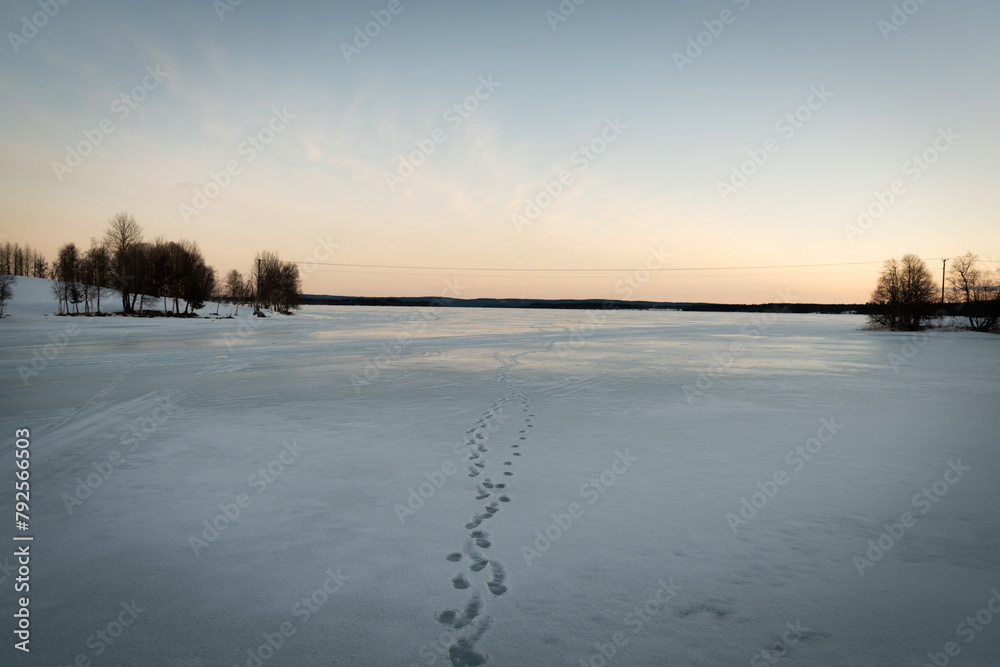 Footprints run toward the center of a frozen lake in the Swedish Countryside. Sunset colors shine on the horizon and are reflected on the ice below