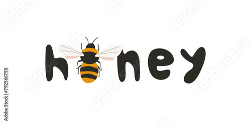 Honey calligraphy lettering text on a white background. Concept for logo card, typography poster, print. Black inscription with a bee and on the backgrounds of honeycombs