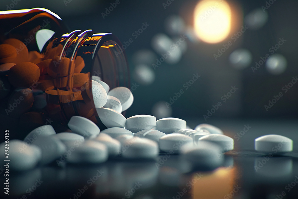 Generative AI Image of Bottle with White Pill Medicine Drugs on Black Background - obrazy, fototapety, plakaty 