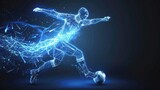 graphic of wireframe soccer player shooting ball with lighting AI generated