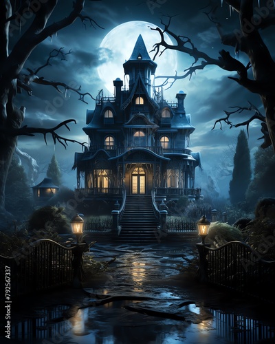 A large haunted house with a full moon in the background