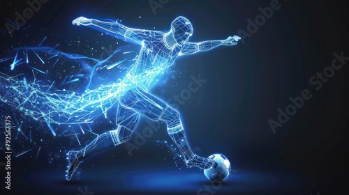 graphic of wireframe soccer player shooting ball with lighting AI generated photo