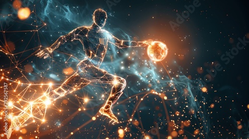 graphic of wireframe soccer player shooting ball with lighting AI generated © Zie