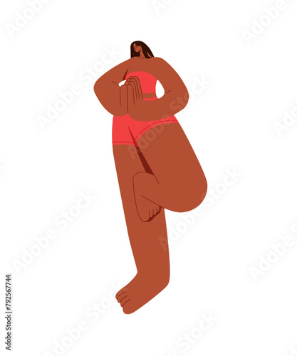 Young woman in tree pose. Person does physical exercise, stands in asana at yoga workout. Girl practices body balance, concentrates on breathing to harmony. Flat isolated vector illustration on white