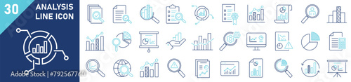 Analysis icon set. Set of 30 outline icons related to analysis. Linear icon collection. Statistics and analytics outline icons collection. Editable stroke. Vector illustration.