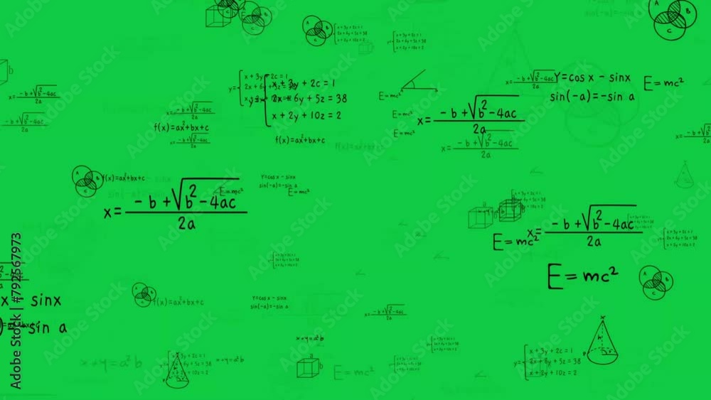 Math, science, physics, mathematics formula equation calculation black handwriting text loop animation overlay effect on green screen background