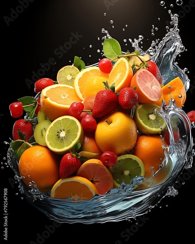 A variety of fruits including strawberries  oranges  limes  and cherries are arranged in a bowl with water splashing around them.