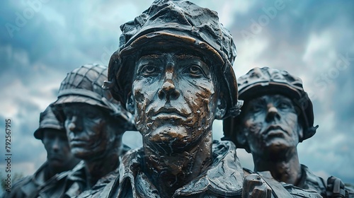 Dramatic sculpture dedicated to fallen soldiers, intricate details on bronze with poignant expressions, cloudy sky backdrop. Memorial Day or Yom HaZikaron. AI Generated