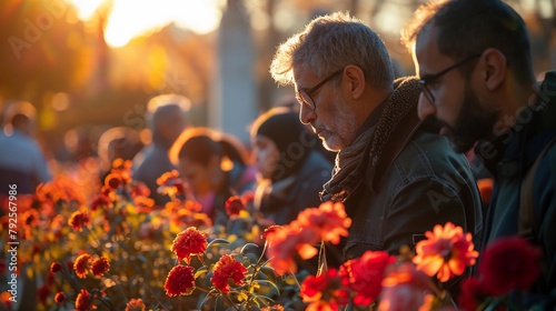 A crowd of diverse civilian people placing flowers at a fallen soldiers monument on Memorial Day or Yom HaZikaron. Faces express sorrow and respect. AI Generated photo