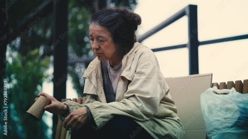 Sad homeless woman sitting on bench alone, empty paper cup in hand ...