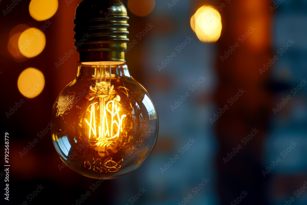A light bulb is lit up and has the letters 