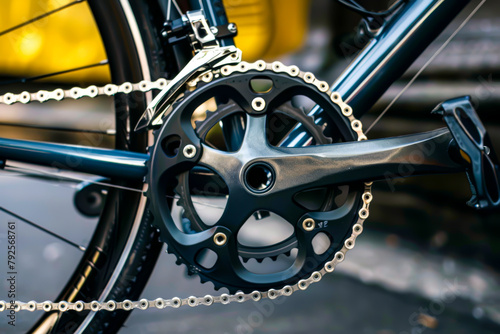 A bicycle chain is shown in detail, with the chain being black and silver. Concept of motion and energy