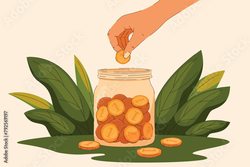 Saving money in the bank. Bank vector illustration concept for financial literacy. A hand drops a coin into a jar. Flat cartoon vector illustration