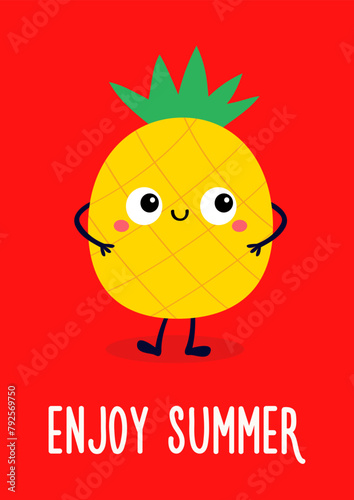 Cute pineapple. Cartoon kawaii funny baby character. Smiling face with big eyes. Hands, legs. Healthy food. Enjoy summer greeting card. Childish style. Flat design. Red background. Vector