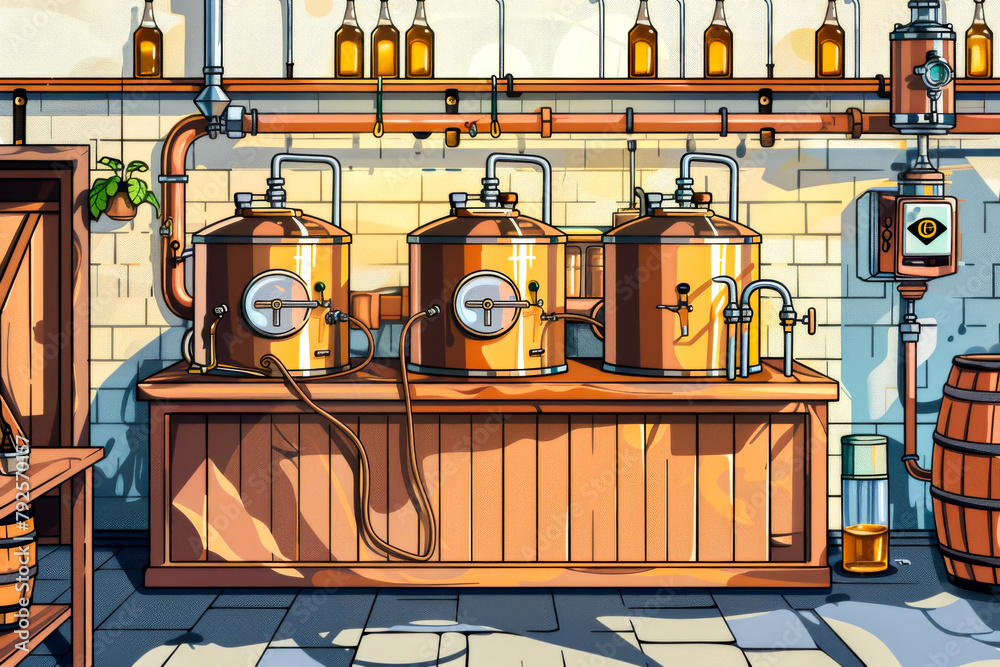 A computer generated image of a bar with three large tanks and a wooden counter. Scene is rustic and industrial