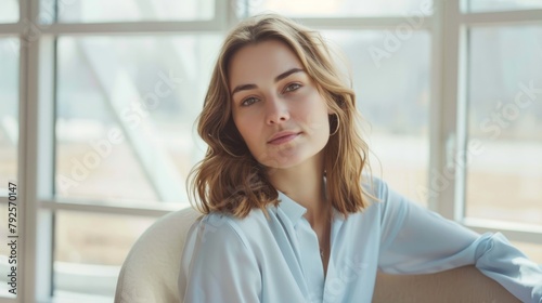 Woman in light blue blouse, seated contemplatively in a sunlit modern room. Woman enjoys peaceful moment in a modern chair, surrounded by soft colors. Free Download Woman in light blue blouse, seated contemplatively in a sunlit modern room. Woman enjoys peaceful moment in a modern chair, surrounded by soft colors. - GFXLoad