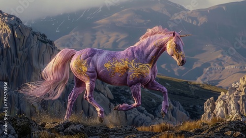 A fiery light purple  horse adorned with golden motifs stands proudly amidst a swirling sea of golden flames  its form illuminated by the intense heat of its surroundings.