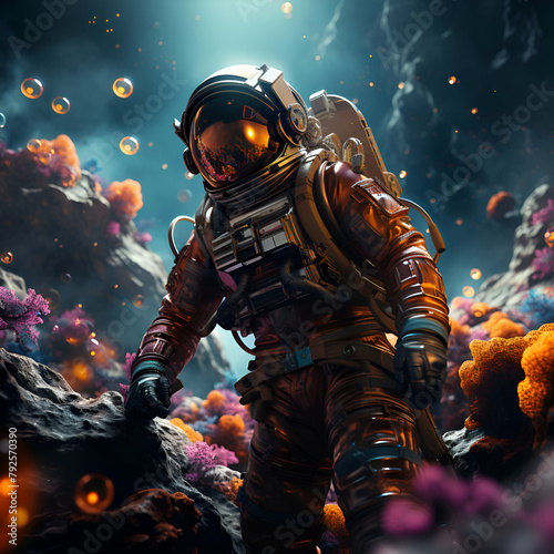 Astronaut in outer space. Science fiction. 3D rendering