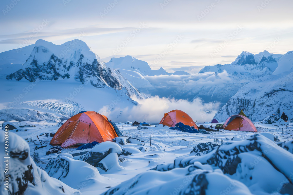 A group of orange tents are set up in the snow on a mountain. The tents ...