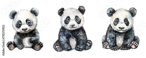 Set of cute watercolor pandas png. Vector set of watercolor hand drawn pandas.