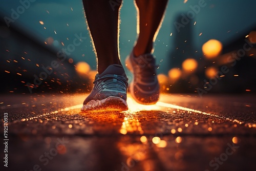 Athletic male runner sprinting on a track, closeup on running shoes and athletic wear, dynamic motion, professional sports training