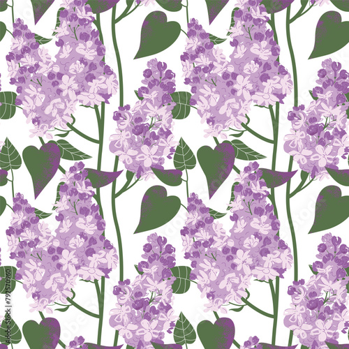 Spring bloom, lilac bush, seamless pattern on the neutral background, purple, green.