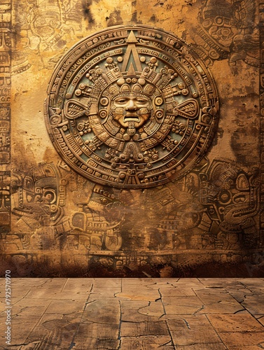 Native American-inspired background with ancient Mayan or Aztec calendar on aged wall. Minimalist texture.