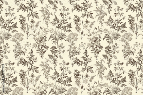 Toile floral pattern tapestry. Vintage botanical wallpaper pattern. Background image. Created with Generative AI technology